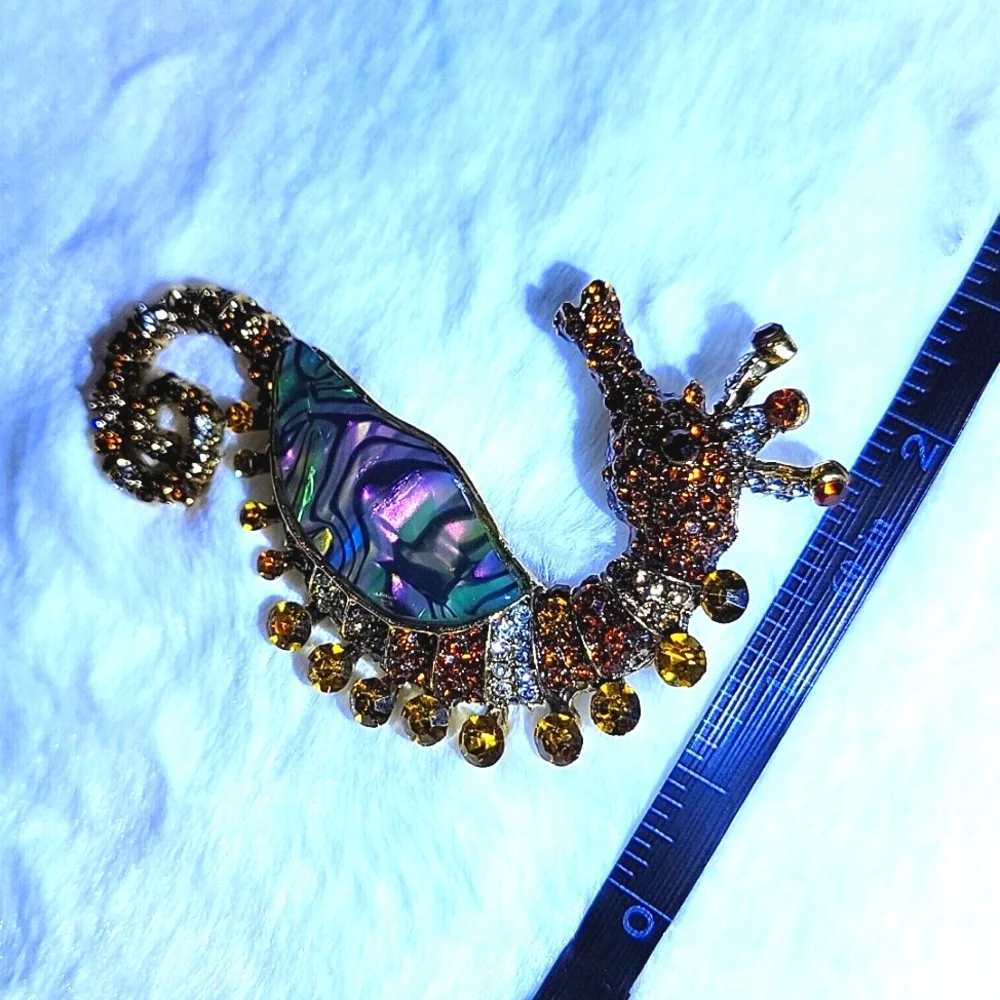 Fabulous Amber Colored Rhinestone & Abalone Sea Horse Gold Tone Brooch Pin